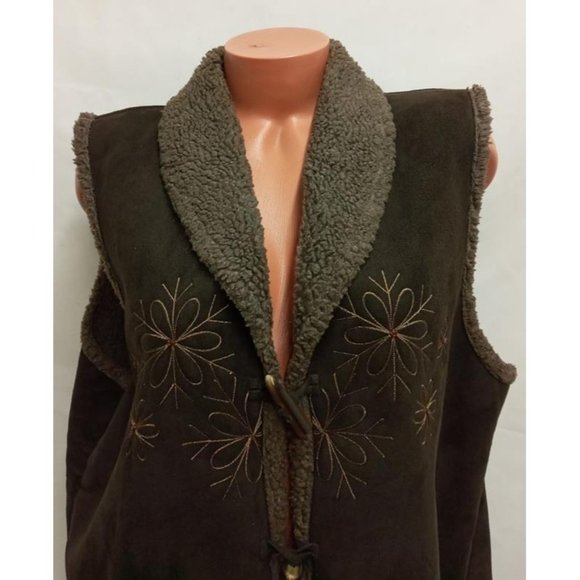 Loffee Apple Brown Sherpa Floral Plus Suede Women Vest - Picture 2 of 5